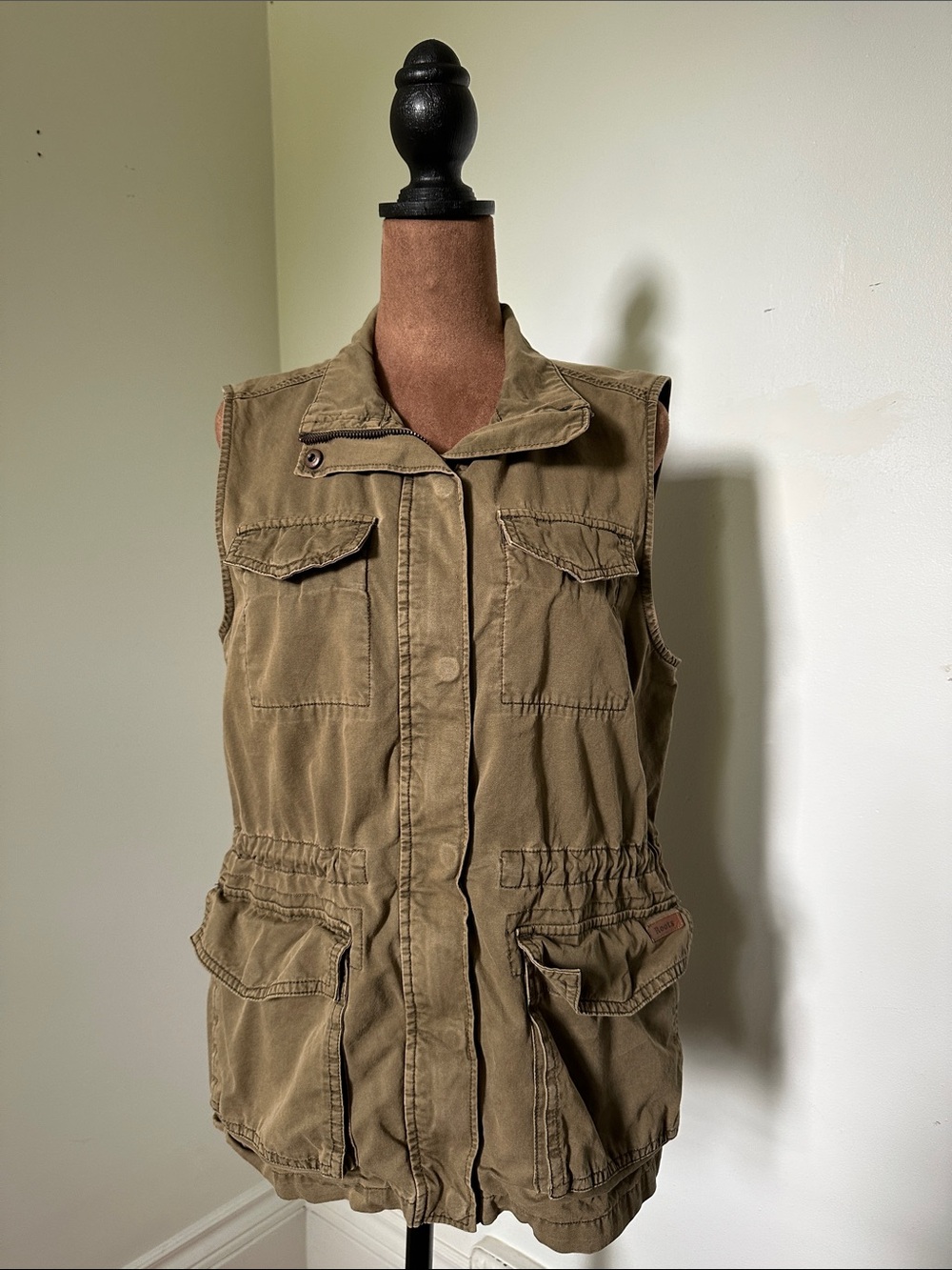 ROOTS Army Green 100% Cotton Cinch Waist Utility Twee Pocket Full Zip Vest Small